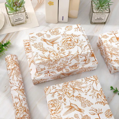 FYSUIMU Orange Floral Wrapping Paper -Mini Roll- 17 In x 32.8 Ft Chinoiserie Birds Flower Gift Wrap Paper for Wedding Baby Shower Birthday Party Wrapping Supplies
