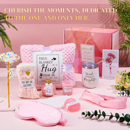 Mothers Day Birthday Gifts for Women Self Care Gift Get Well Soon Gifts, Rose Relaxing SPA Gift Basket Care Package, Luxury Flannel Blanket Mother's Day Gift for Mom Her Wife Grandma Daughter Pink
