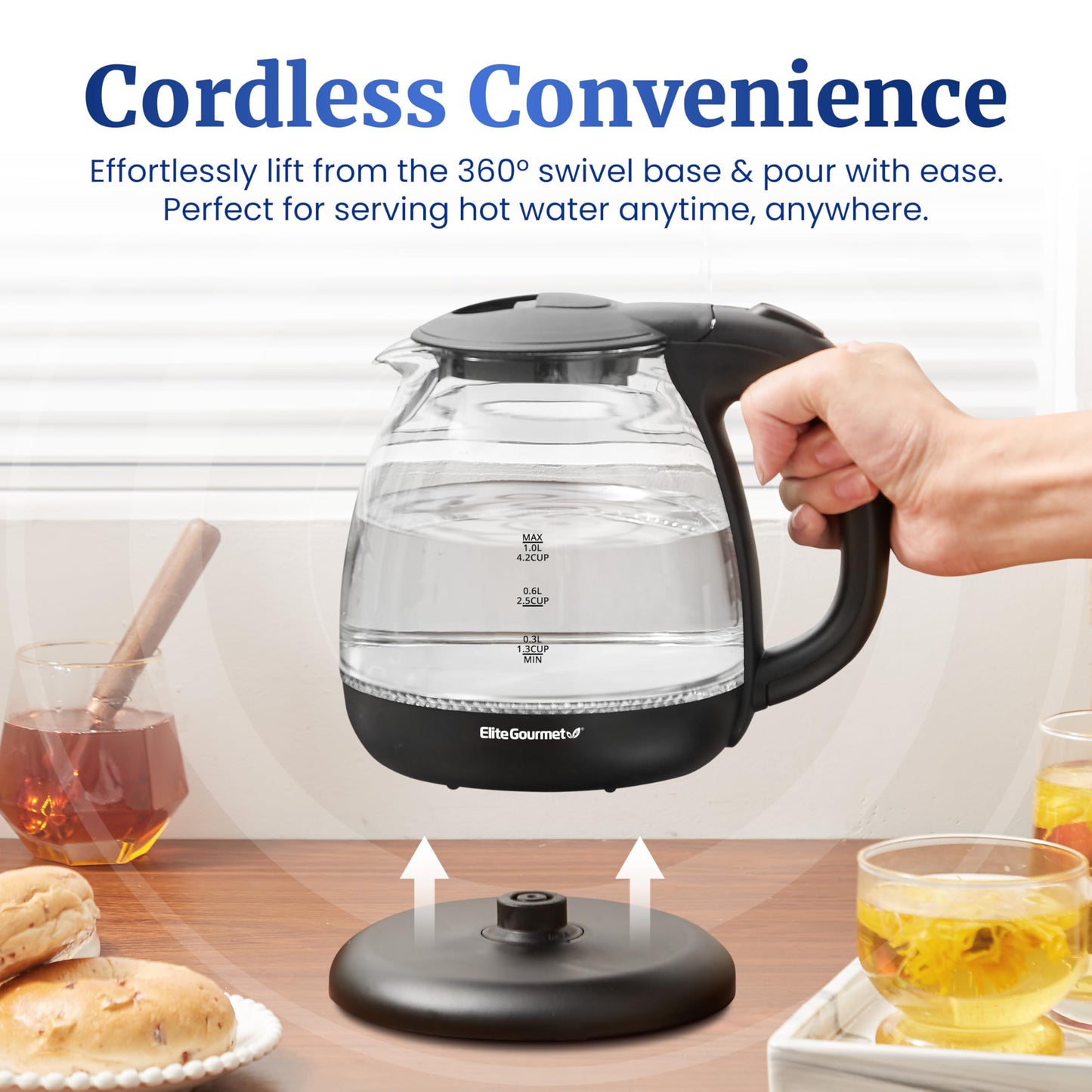 Elite Gourmet EKT1001 Electric 1.0L BPA-Free 1100W Glass Kettle Cordless 360° Base, Stylish Blue LED Interior, Handy Auto Shut-Off Function – Quickly Boil Water For Tea & More, Black