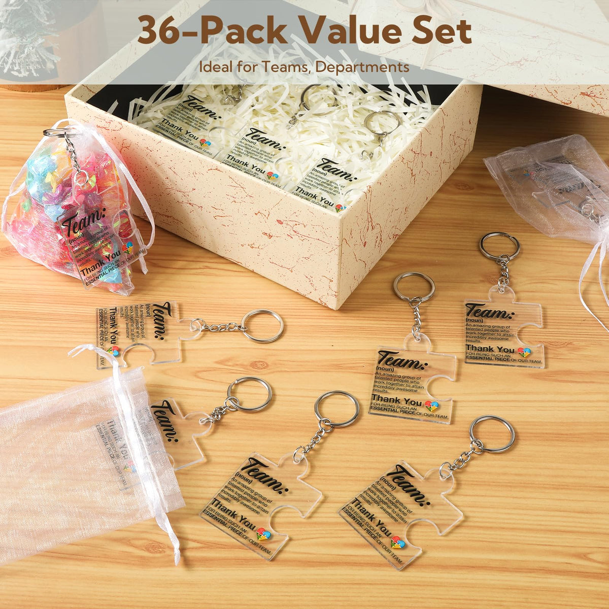 VZZNN Employee Appreciation Gifts – 36 Pack Team Gifts for Employees, Thank You Keychain Set for Staff, Teachers, Volunteers, Teamwork Gift Office Puzzle Piece Acrylic Keychains