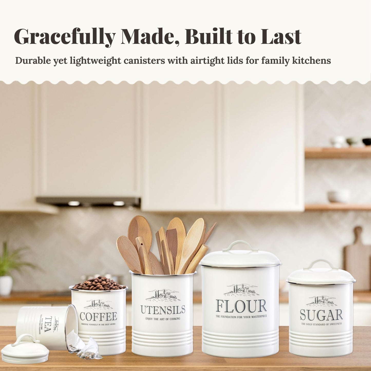 noonberry Kitchen Canisters for Countertop - 5-Piece Airtight Flour Sugar Coffee Tea Kitchen Canister Set with Utensil Holder - Sugar and Flour Containers for Kitchen Counter, Cream-White Finish