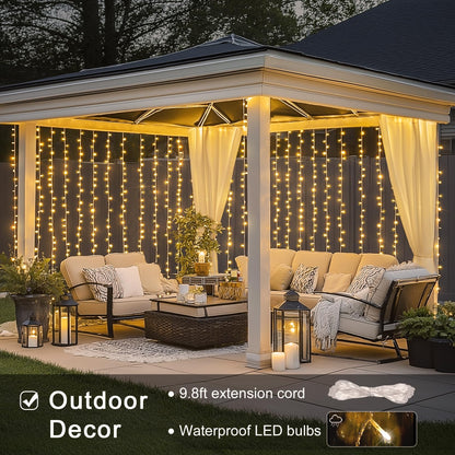 JMEXSUSS 300 LED Remote Control Christmas Curtain Lights, Plug in Fairy Curtain Lights Outdoor, Window Wall Hanging String Lights for Bedroom Backdrop Wedding Party Indoor Patio Xmas Decor, Warm White