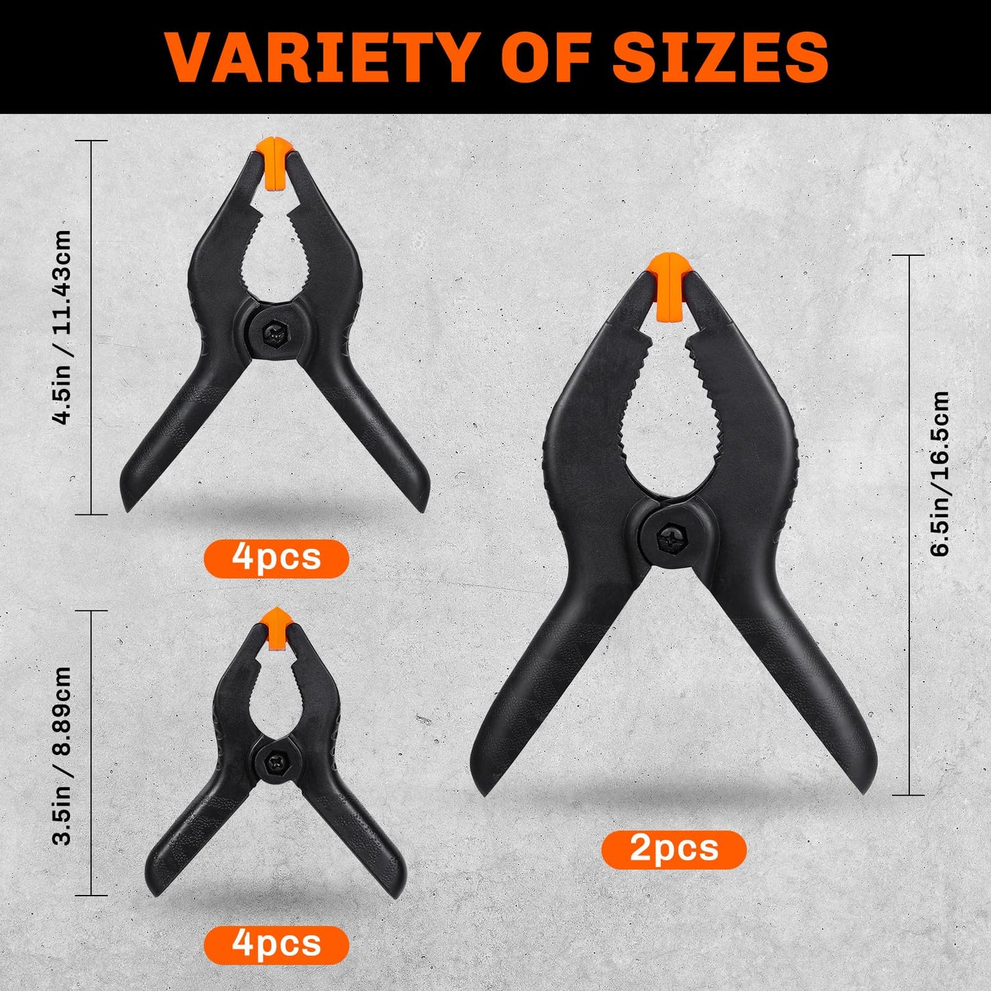 10 Pack Spring Clamps Heavy Duty - Assorted Sizes Spring Clips Plastic 6.5 Inches, 4.5 Inches, 3.5 Inches Set - Backdrop Clips Small Clamps For Crafts Woodworking Background