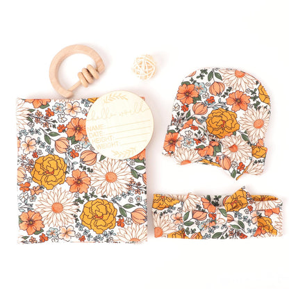 DRESHOW BQUBO Baby Girl Newborn Floral Receiving Blankets with Bow Hat Headband Wooden Birth Announcement Card Set Newborn Baby Swaddling Hats Sleepsack Toddler Warm Shower Gift