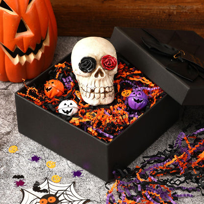 Jansun Halloween Black Orange Purple Crinkle Cut Paper and Confetti, 453g/16oz Shred Filler with Pumpkin Spider Bat Confetti for Gift Wrapping Craft DIY Basket Filling Trick or Treat Candy Decorations