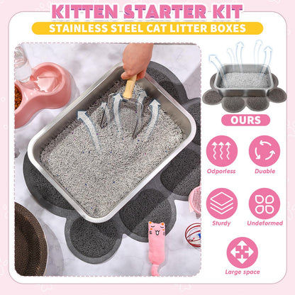 PullCrease 38 Pcs Kitten Supplies Starter Kit Cat Essentials Set Include Cat Scratcher Cardboard Stainless Steel Litter Box Bed Carrier Kitten Toys Accessories for Welcome Gift Supplies