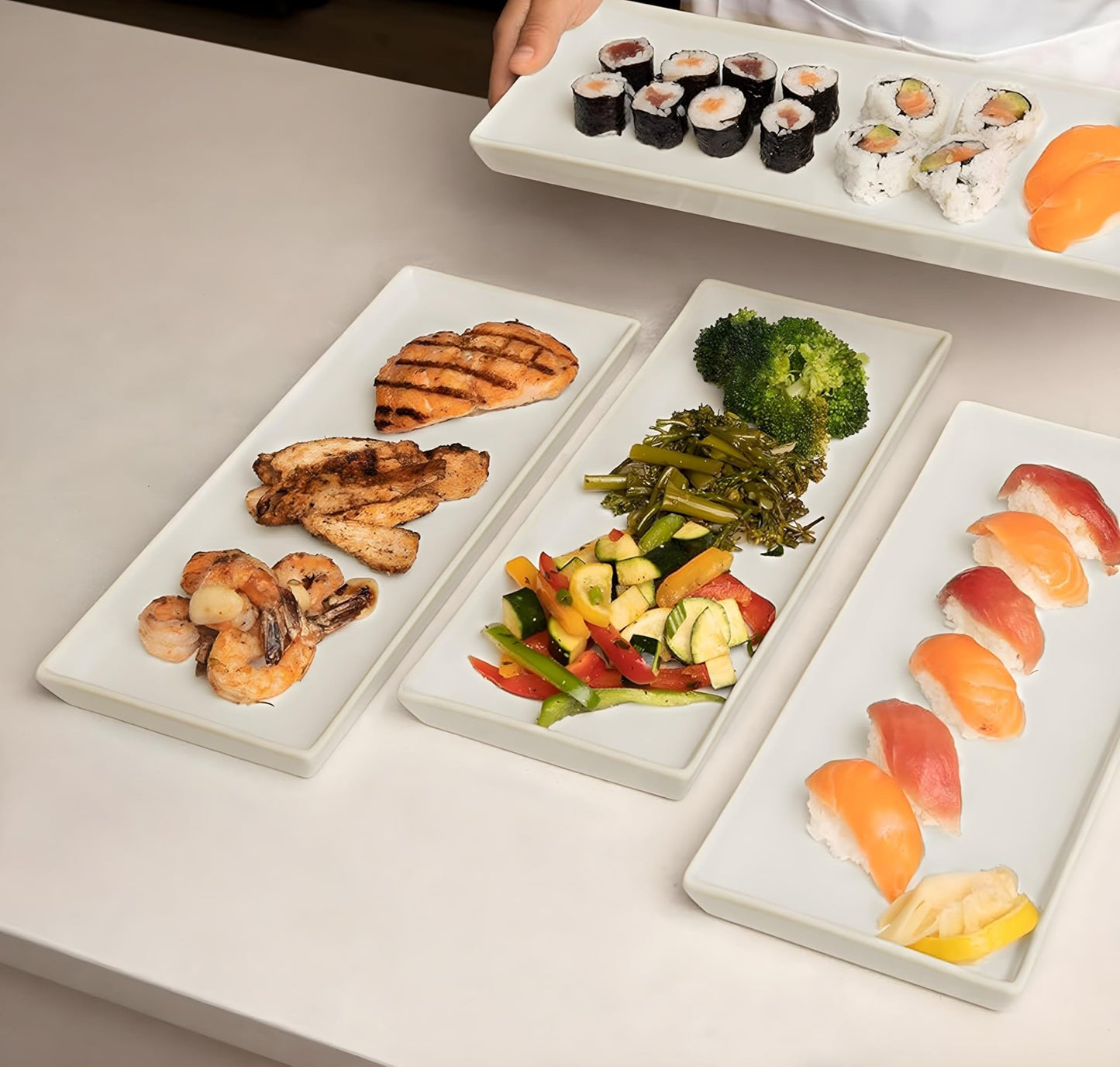 KooK Serving Platters and Trays, Trays for Serving Food, Ceramic 11 Inch Rectangular Serving Trays, Platters for Food at Parties and Entertaining, Microwave, Dishwasher Safe, White, Set of 4