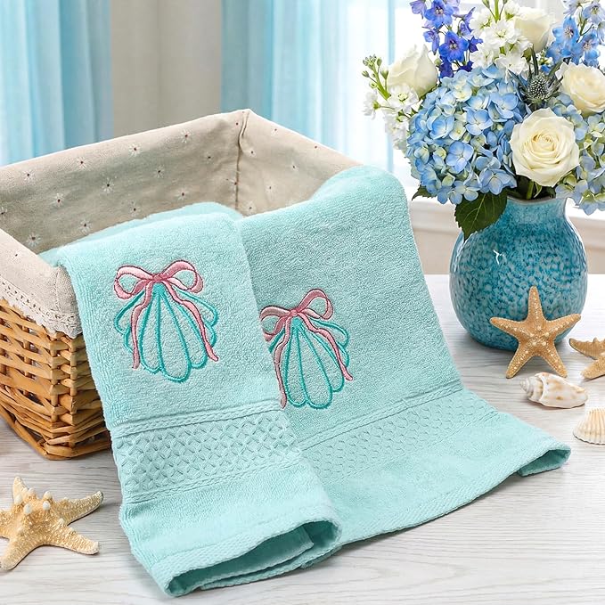 2 Pcs Shell Hand Towels Mint Blue Bathroom Decor 14x29 Inch Embroidered 100%