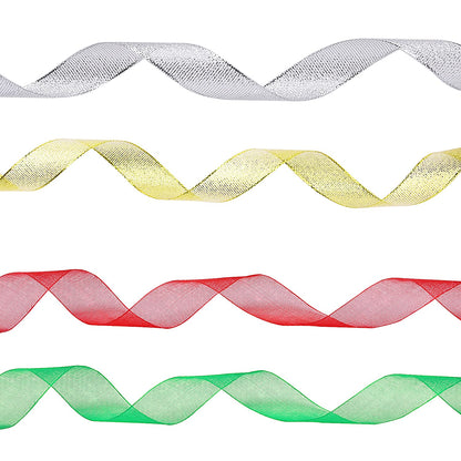 Livder 4 Rolls 4/5 Inch in Width Christmas Metallic Glitter Organza Ribbons Golden, Silvery, Red, Green Ribbon for Gift Wrapping, Christmas Tree Room Decoration