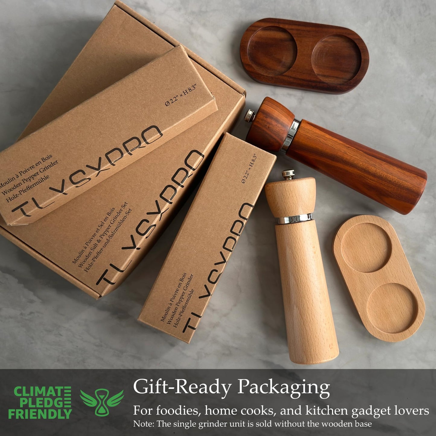 TLYSXPRO Wooden Salt and Pepper Grinder Set – Refillable Salt and Pepper Mill with Adjustable Upgraded Large Size Ceramic Burr – Manual Pepper Grinder with Beech Wood Body – 8.3” Tall (Chocolate Wood)