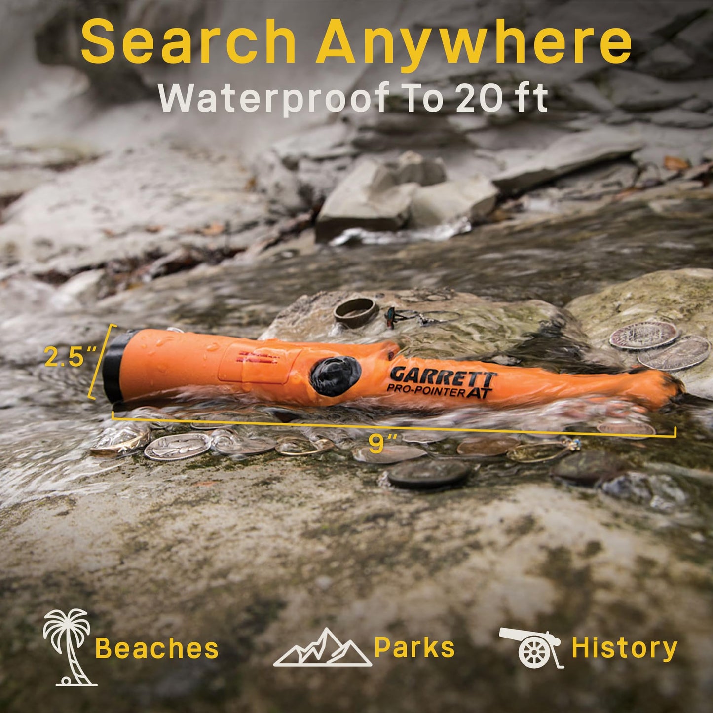 Garrett - A.T. Gold - Made in The USA - Waterproof Gold Metal Detector with Pinpointer and Headphones - All-Terrain Metal Detector with Iron Audio to Identify Junk Iron