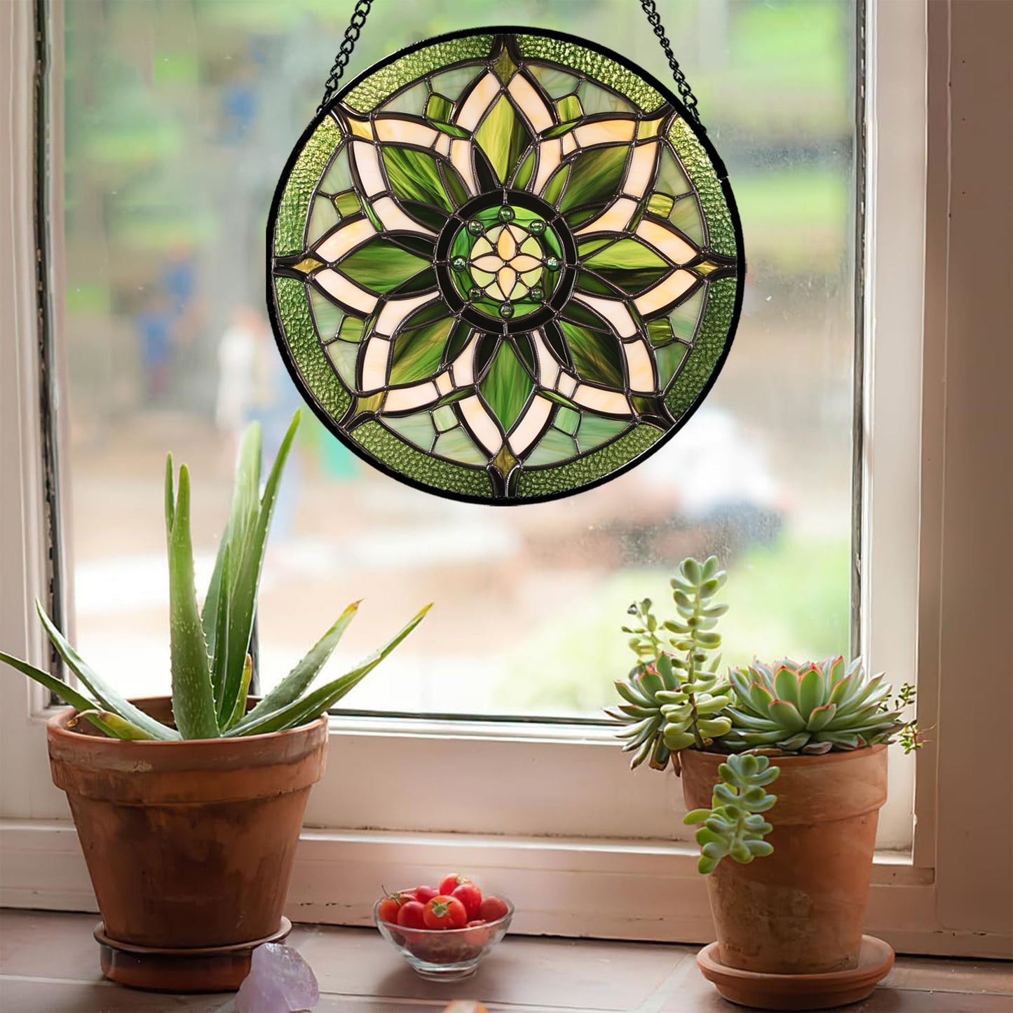 HWRHTR Stained Glass Window Hanging - White Green Boho Flower Suncatcher for Doors Window Home Sun Catchers Decor Christmas Mother's Day Birthday Gifts for Teacher Women Men Mom Nana 6.3 in