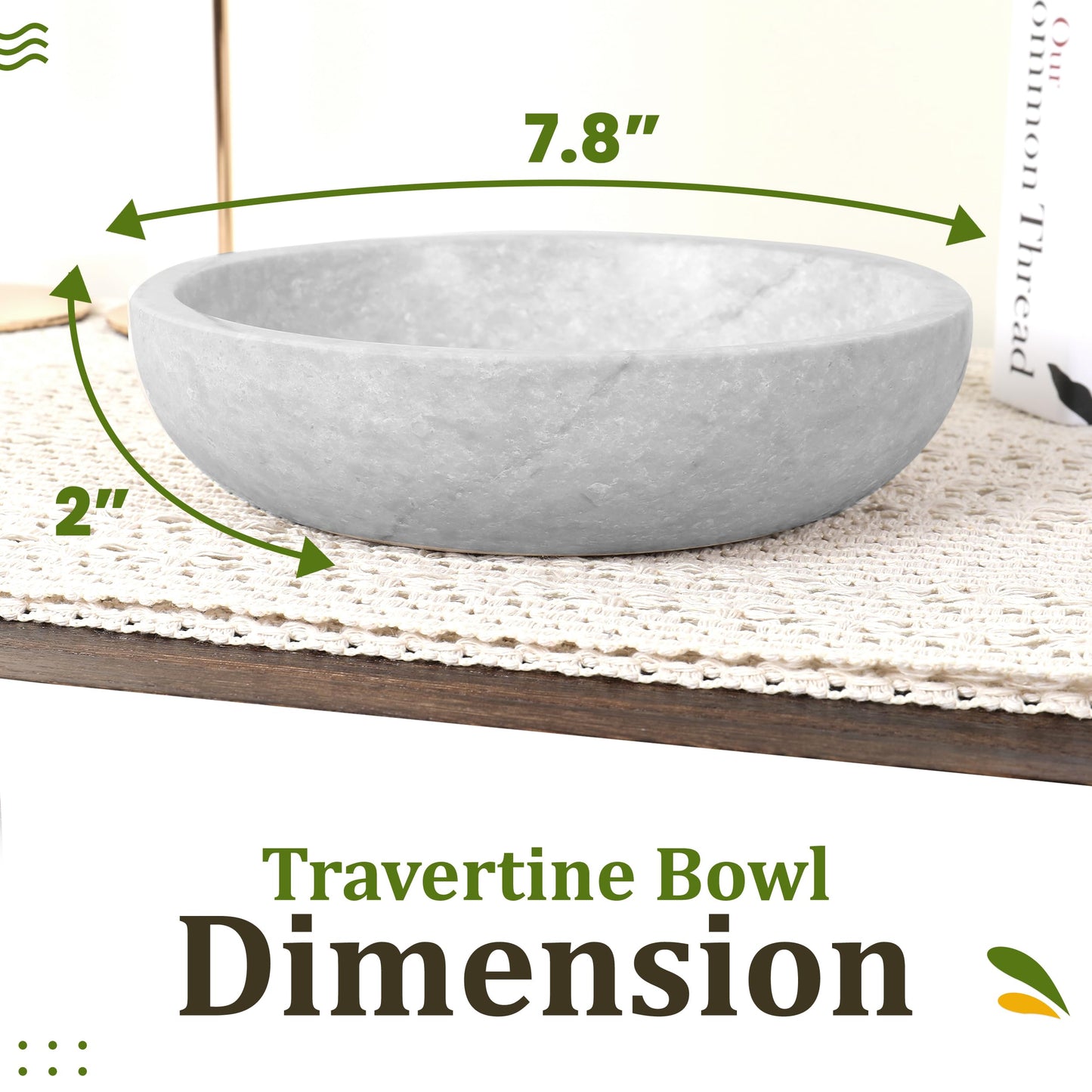 FNTSTICGOODS Travertine Decorative Bowl - 7.8” Diameter & 2” Height - Key Bowl for Entryway Table - Organic Modern Centerpiece - White/Gray