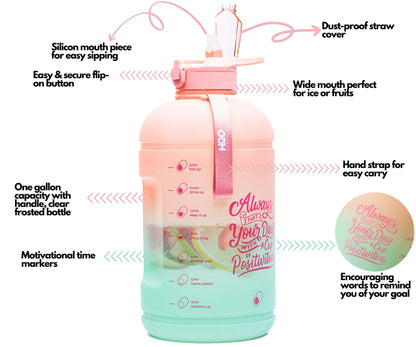 H2O Capsule INSPO Gallon Water Bottle with Time Marker and Straw Motivational Hydration Tracker Jug Big BPA-Free Food-Safe Leakproof Drinking Bottle with Handle & Strap, Lotus Blossom