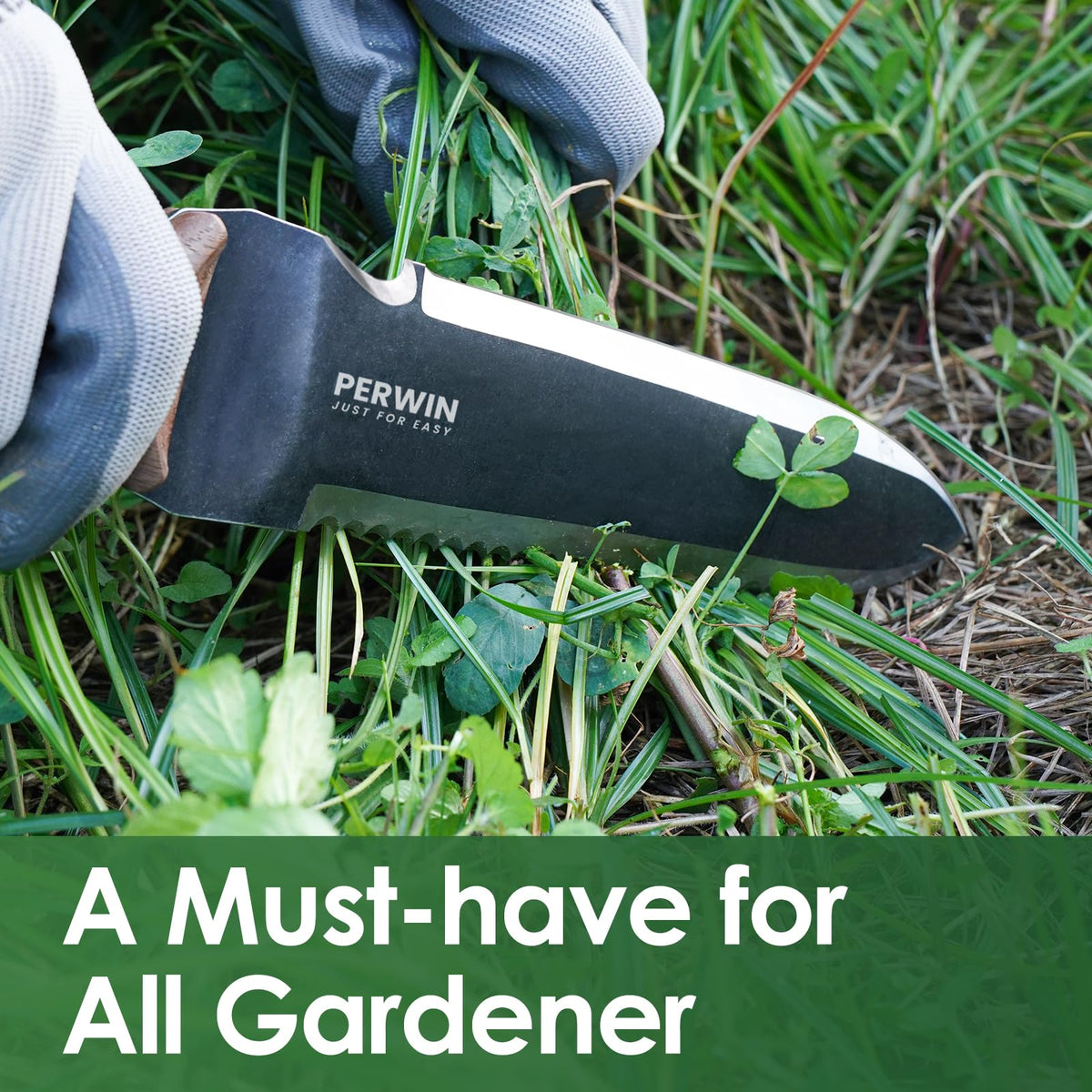 PERWIN Hori Hori Garden Knife, Garden Tools with Sheath for Weeding, Planting, Digging, 7" Stainless Steel Blade with Cutting Edge, Full-Tang Wood Handle with Hanging Hole