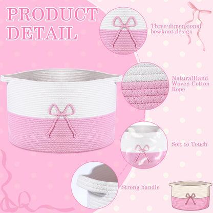 Breling 70L Pink Bow Extra Large Cotton Rope Basket 21" x 14", Woven Baby Laundry Blanket Basket Box with Handle Storage, Blanket Storage for Living Nursery Pillows Laundry Baby Toy Chest