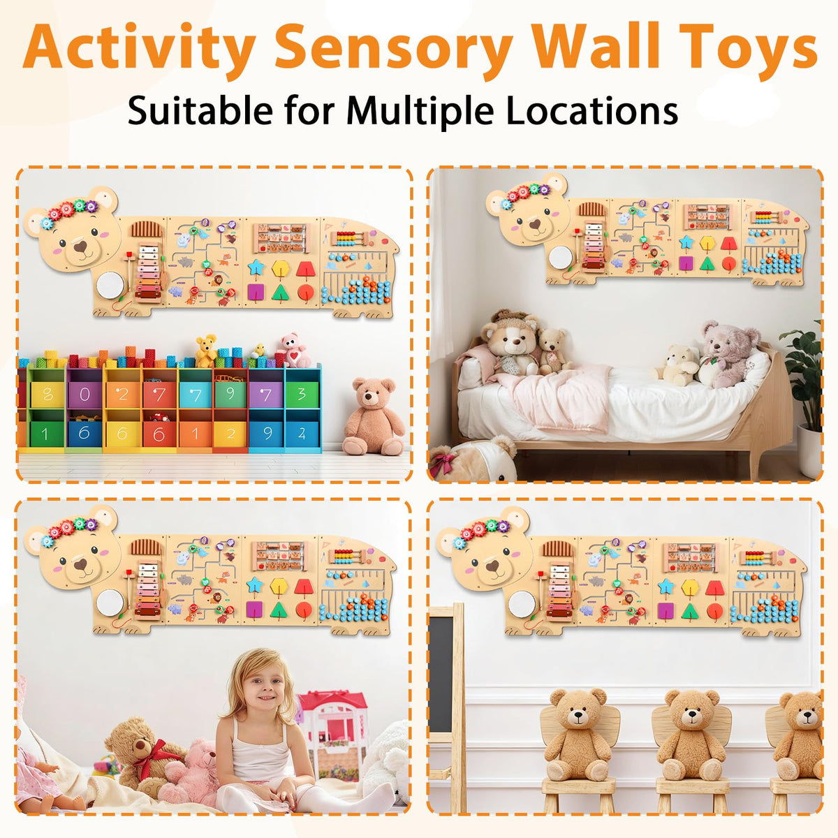 5FT Large Bear Activity Wall Busy Board Wooden Sensory Wall Panel Educational Montessori Toys for Toddler Kids Interactive Sensory Activity Board Learning Center Playroom Daycare Nursery Decor