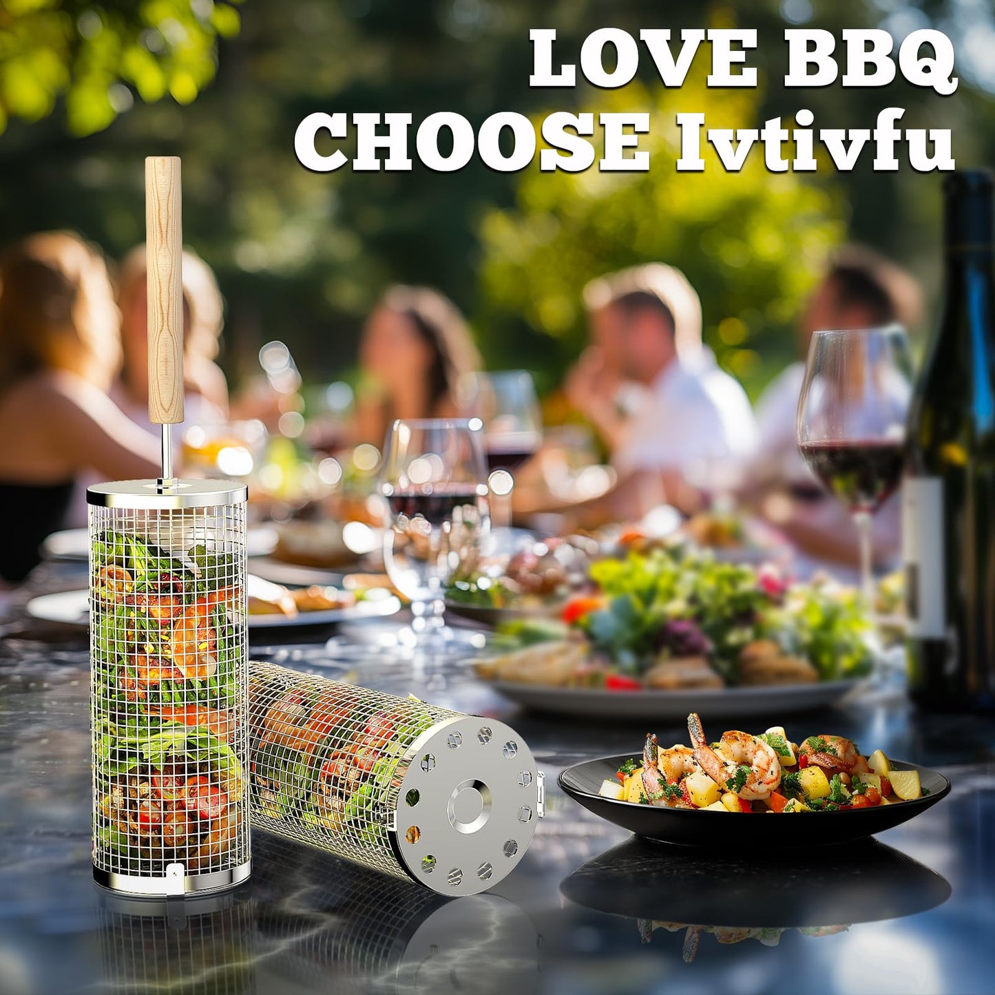 ivtivfu Rolling Grill Baskets, Removable Wooden Handle, 304 Stainless Steel, Nesting Grilling, BBQ Accessories Tools for Vegetable Shrimp, Outdoor Cooking Camping, Birthday Gifts for Men Dad Husband