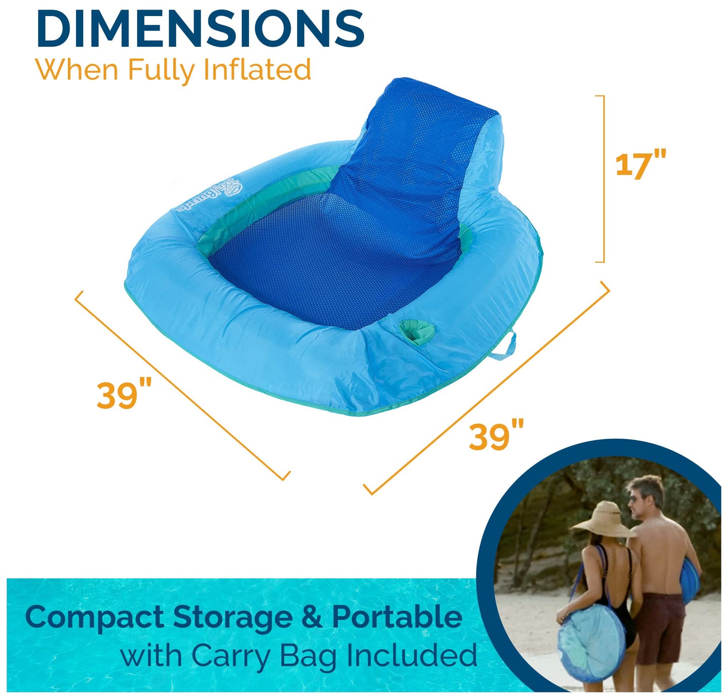 SwimWays Spring Float SunSeat Pool Lounge Chair, Inflatable Pool Floats Adult with Fast Inflation & Back Rest for Ages 15 & Up, Blue
