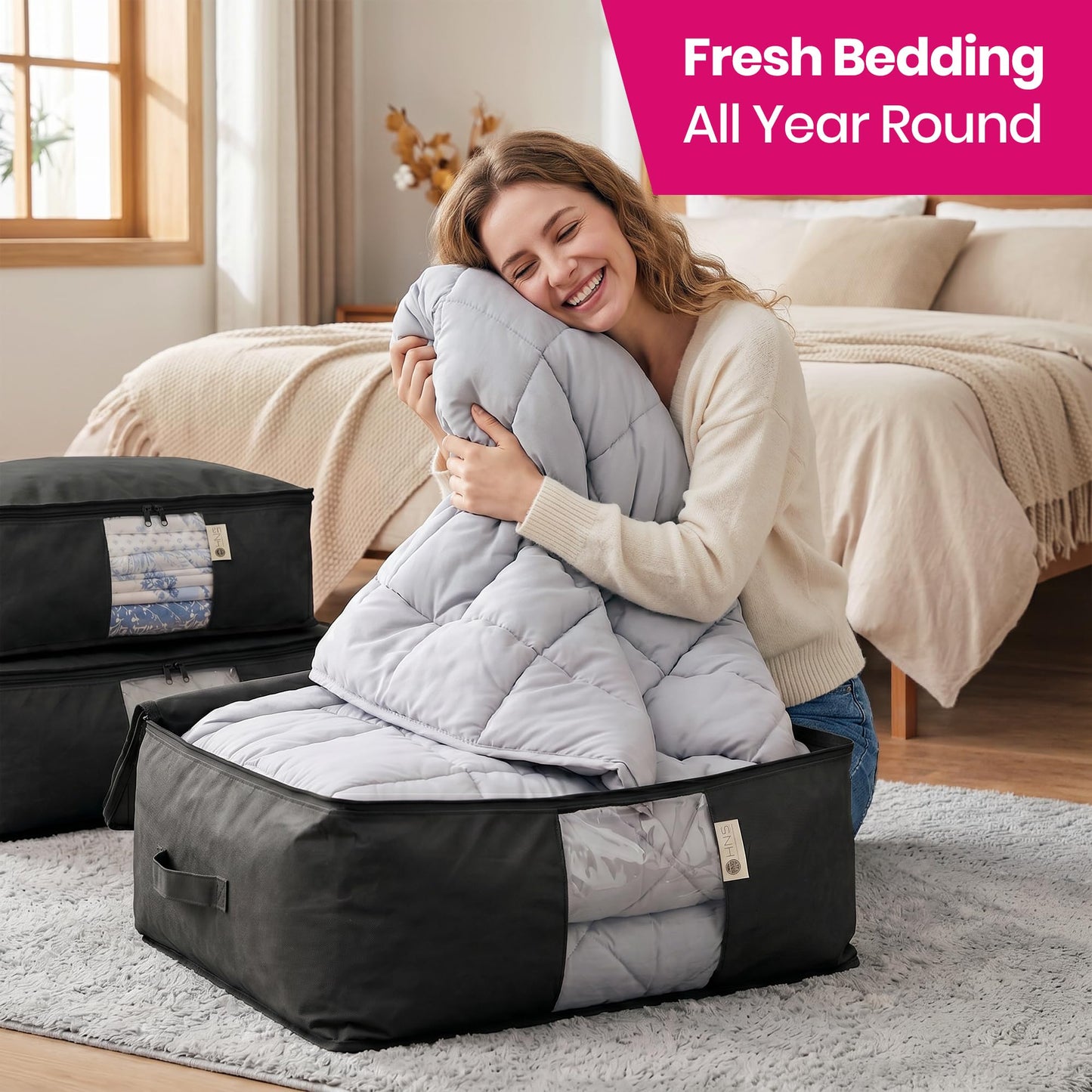 Cedar Storage Bag Organizer for Bedding Set - Protects from Moths, Moisture, Dirt & Dust - Set of 3 Storage Bags for Bed Sheets, Comforter, Pillows & More - Space-Saving Bedding Organizer, Black