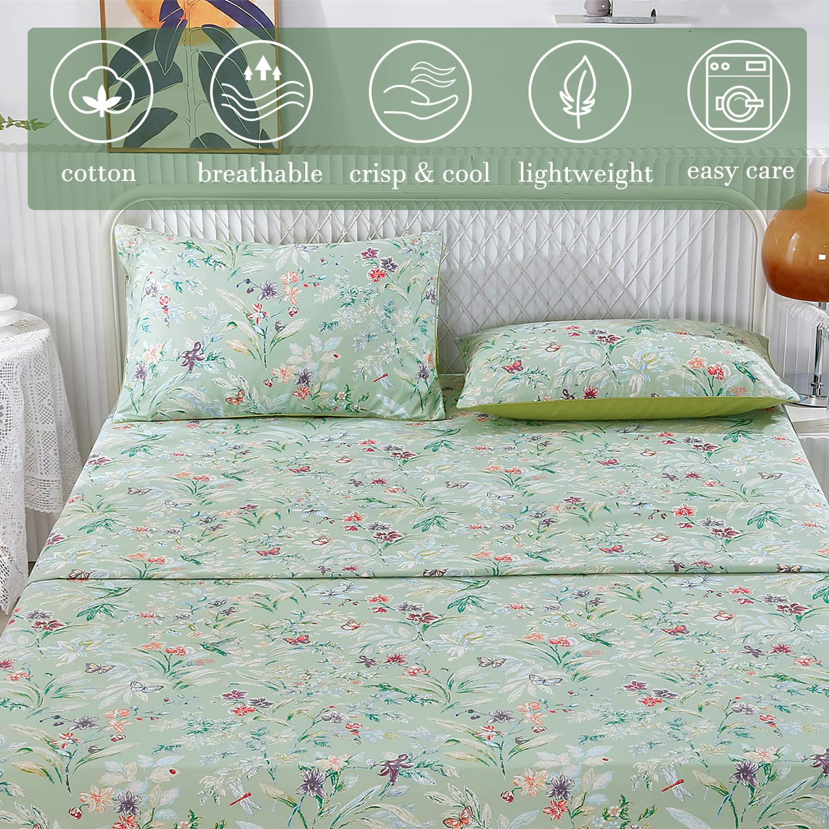 URBONUR Garden Floral Sheets Set Sage Green 4Pcs Queen Size, Egyptian Cotton Silky Cooling Bed Sheets Set, Wrinkle Resistant Deep Pocket 16 Inches (Queen, Green Leaves Butterfly & Floral)