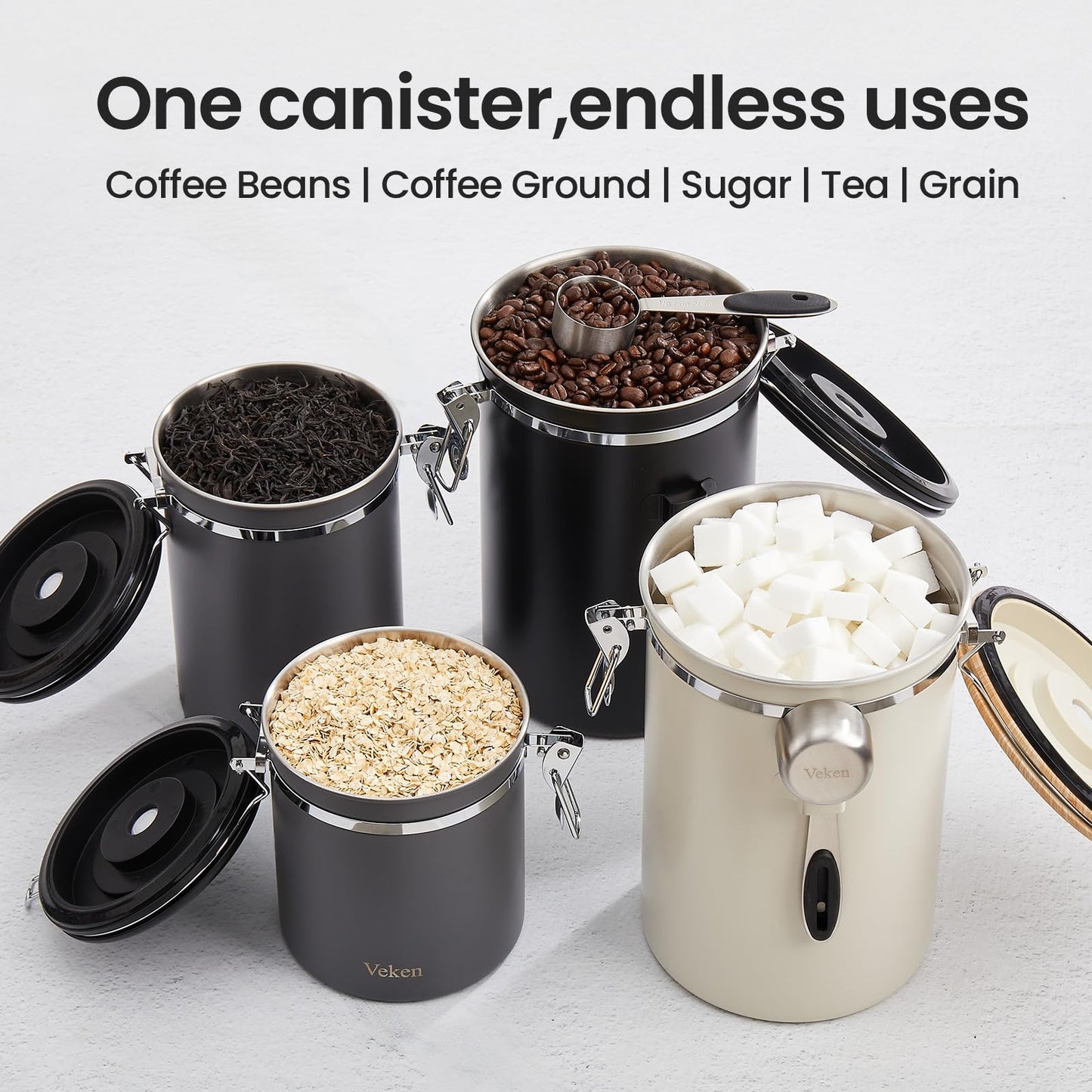 Veken Coffee Canister, 39OZ Large,Airtight Stainless Steel Food Storage Container for 2.2lbs Beans,Ground,Sugar,Espresso,Rice,Tea,Flour,Cereal,Cookie,Lids,Jars,Gifts,Scoop,Kitchen Bar Accessories,Gray