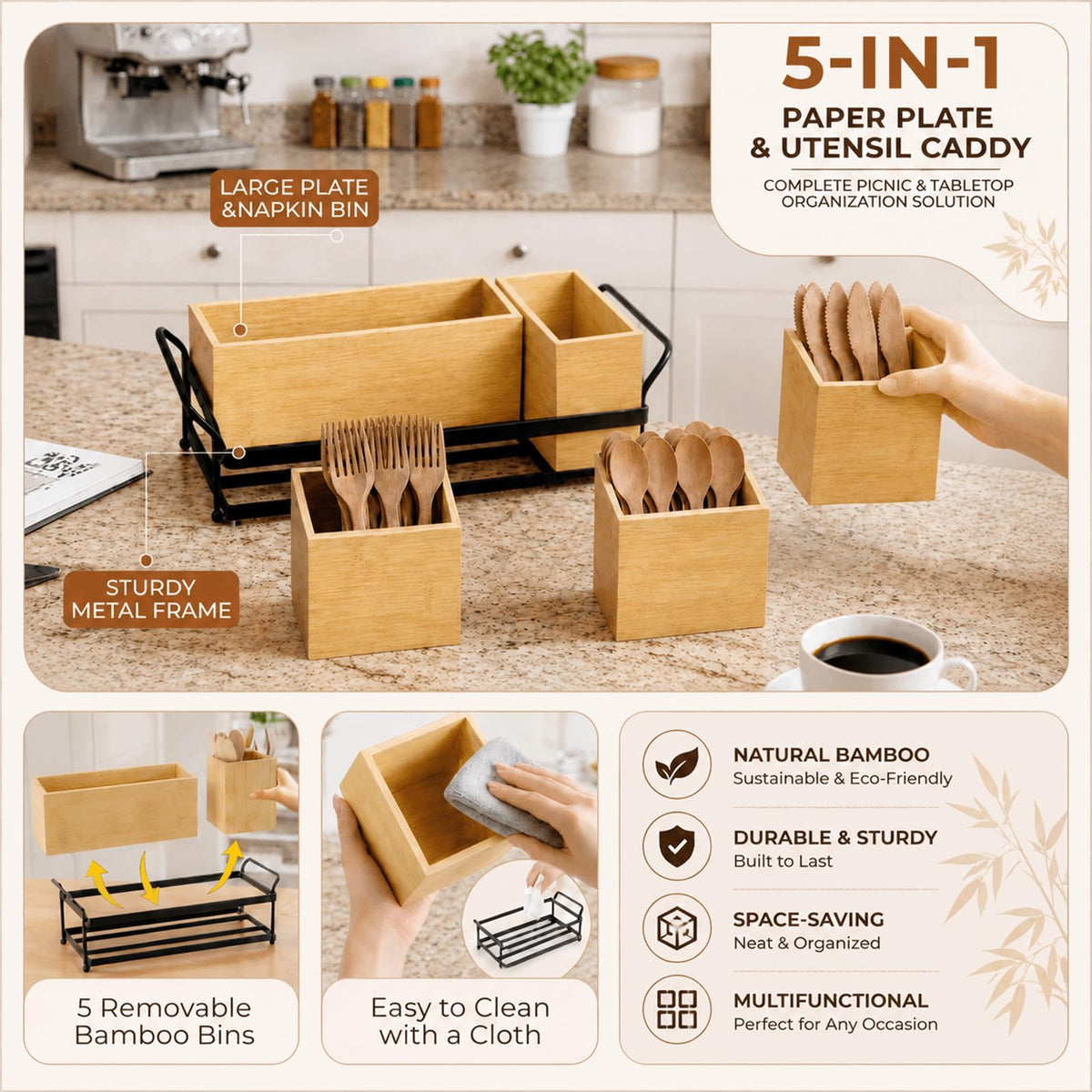 Eclove 5-in-1 Bamboo Utensil Caddy and Paper Plate Organizer - Wooden Silverware Caddy with Napkin Holder and Portable Handle - Flatware Organizer for Kitchen Countertop, Camper RV, Buffet Party