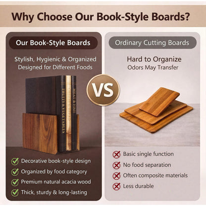 FUSAHURIY Australia Acacia Wood Book-Style Cutting Boards with Stand, Set of 3 Kitchen Boards for Hands-Free Recipe Viewing, First-Time Cooking, Breakfast Prep, Family Cooking and Housewarming Gift