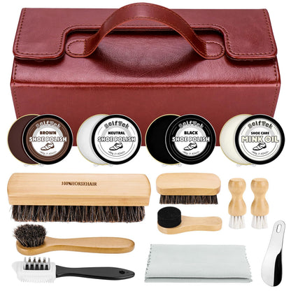 SelfTek Shoe Shine Kit - 15 PCS Shoe Polish Kit, Leather Boot Care Kit with Horsehair Brush and More with Portable Travel Case for Gentle Care Cleaning, Birthday Gifts for Men