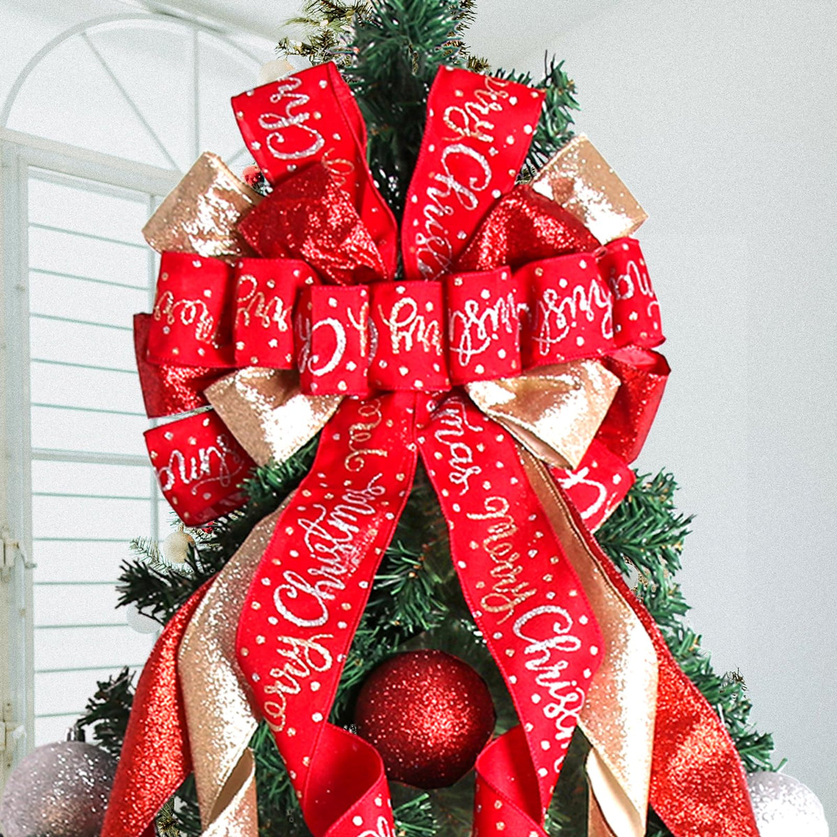 Christmas Tree Topper Christmas Wreath Bow 45"x12" Large Christmas Toppers Bow with Letter Patterned for Xmas Tree Rustic Farmhouse Home Holiday Party Decorations Red