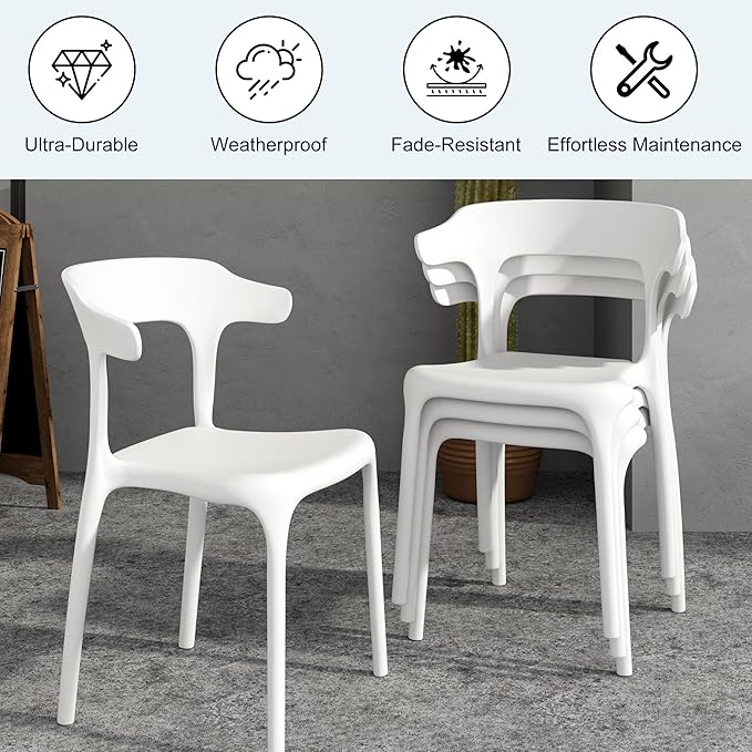 VECELO 4 Pack Plastic Stacking Chairs, Stackable Dining Chairs for Kitchen Restaurant Patio, Portable Indoor Outdoor Use, No Assembly Required, White