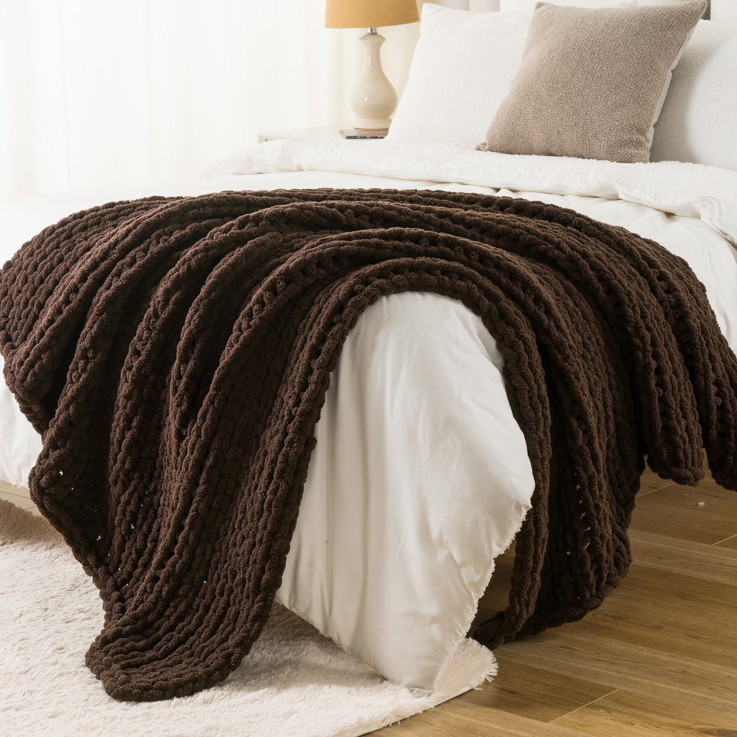 Battilo Brown Chunky Knit Throw Blanket, Soft and Thick Chenille Throw Blanket, 50"x60" Handmade Cable Knit Crochet Blanket, Knot Throw Blankets for Couch Sofa Bed Home Decor (Brown, 50"x60")