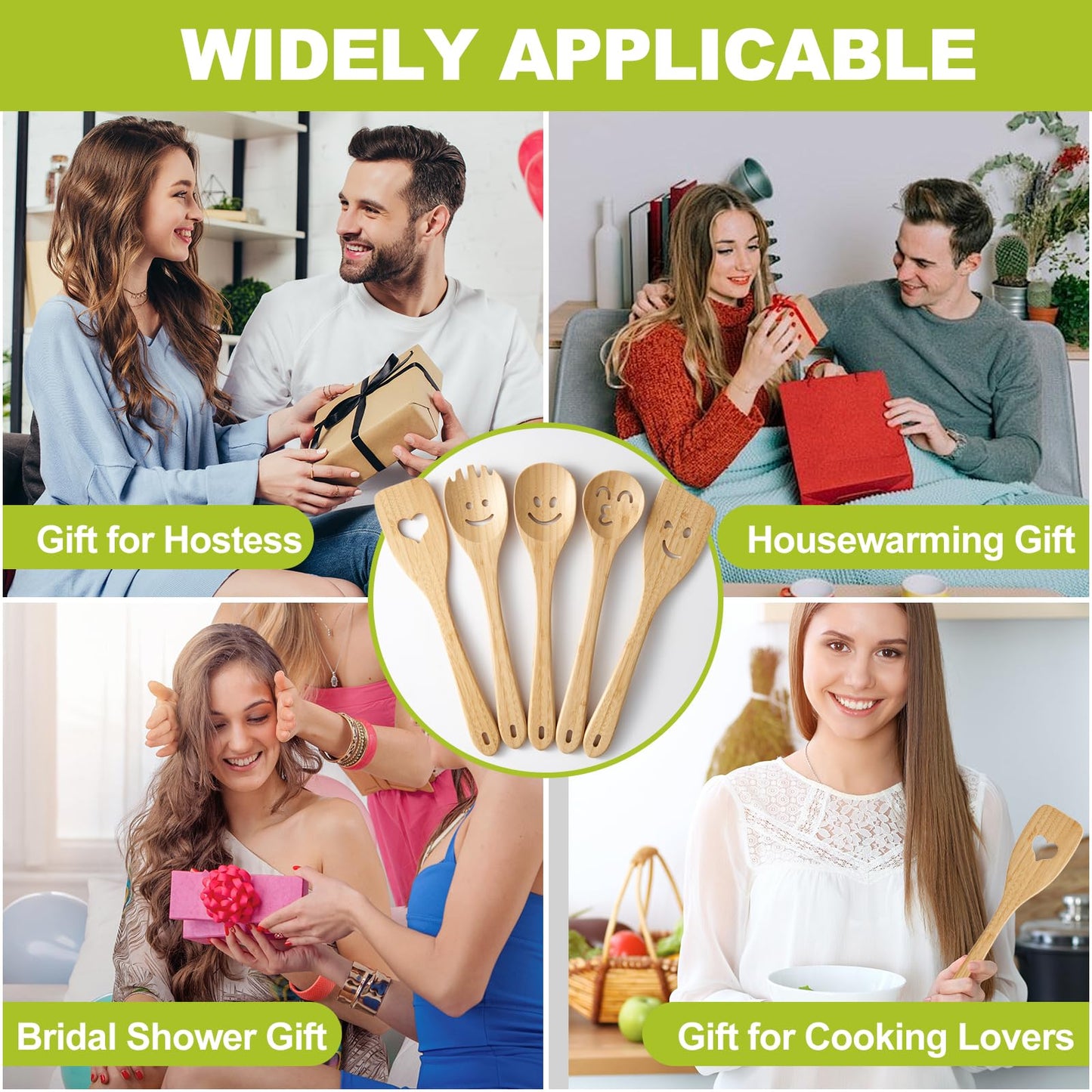 Wooden Cooking Utensil Set, Cute Spatula Set, Funny Bamboo Kitchenware, Unique Mother's Day Gifts for Cooks Hostesses Mom Grandma Wife Weddings House Warming Kitchen Accessories (A001)