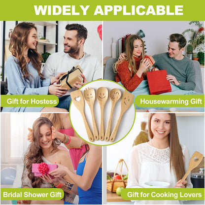 Wooden Cooking Utensil Set, Cute Spatula Set, Funny Bamboo Kitchenware, Unique Mother's Day Gifts for Cooks Hostesses Mom Grandma Wife Weddings House Warming Kitchen Accessories (A001)