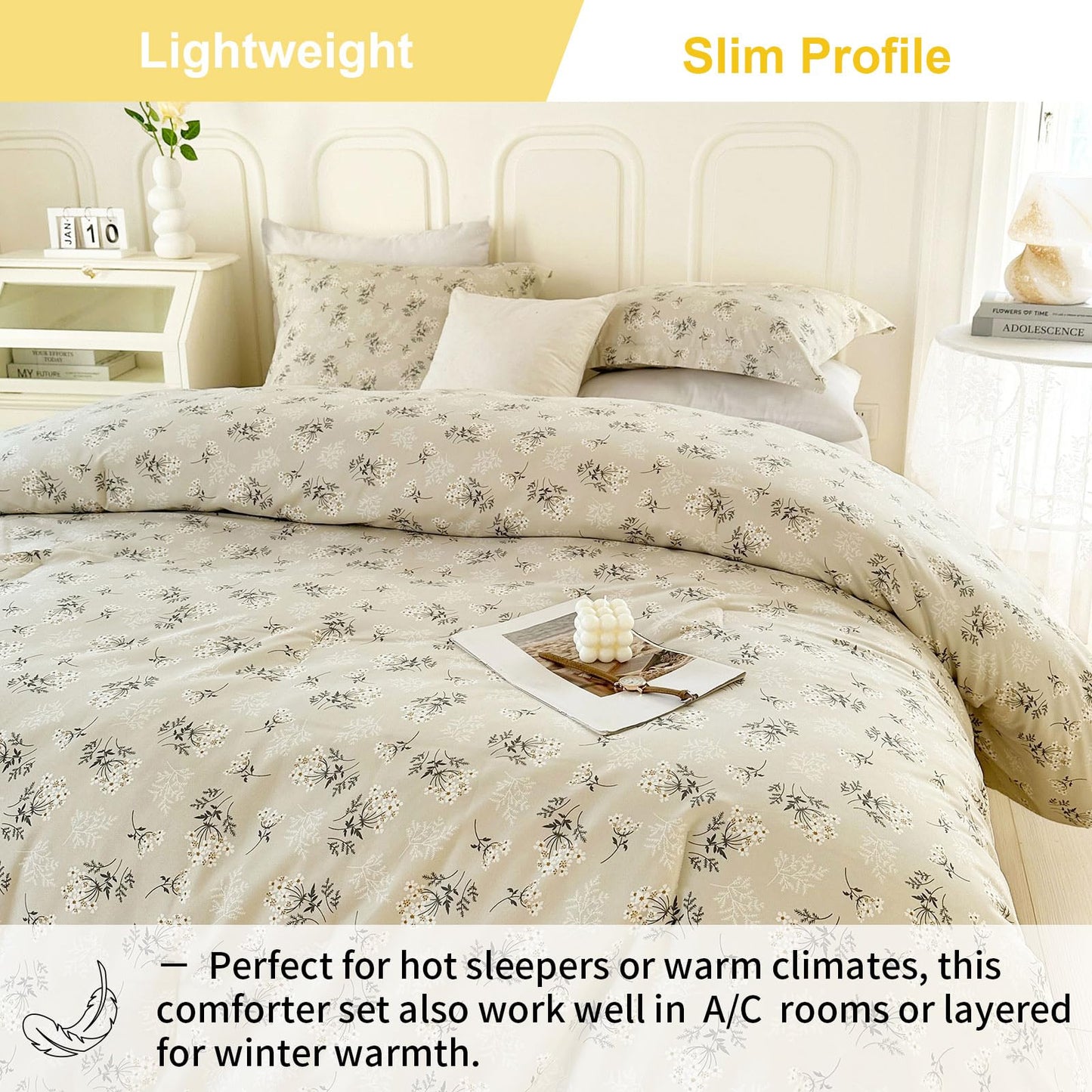 EAVD Boho Floral Comforter Set Queen Soft Washed Microfiber Garden Beige Floral Bedding Queen Comforter Set Reversible Botanical Bedding Set with 2 Pillowcases