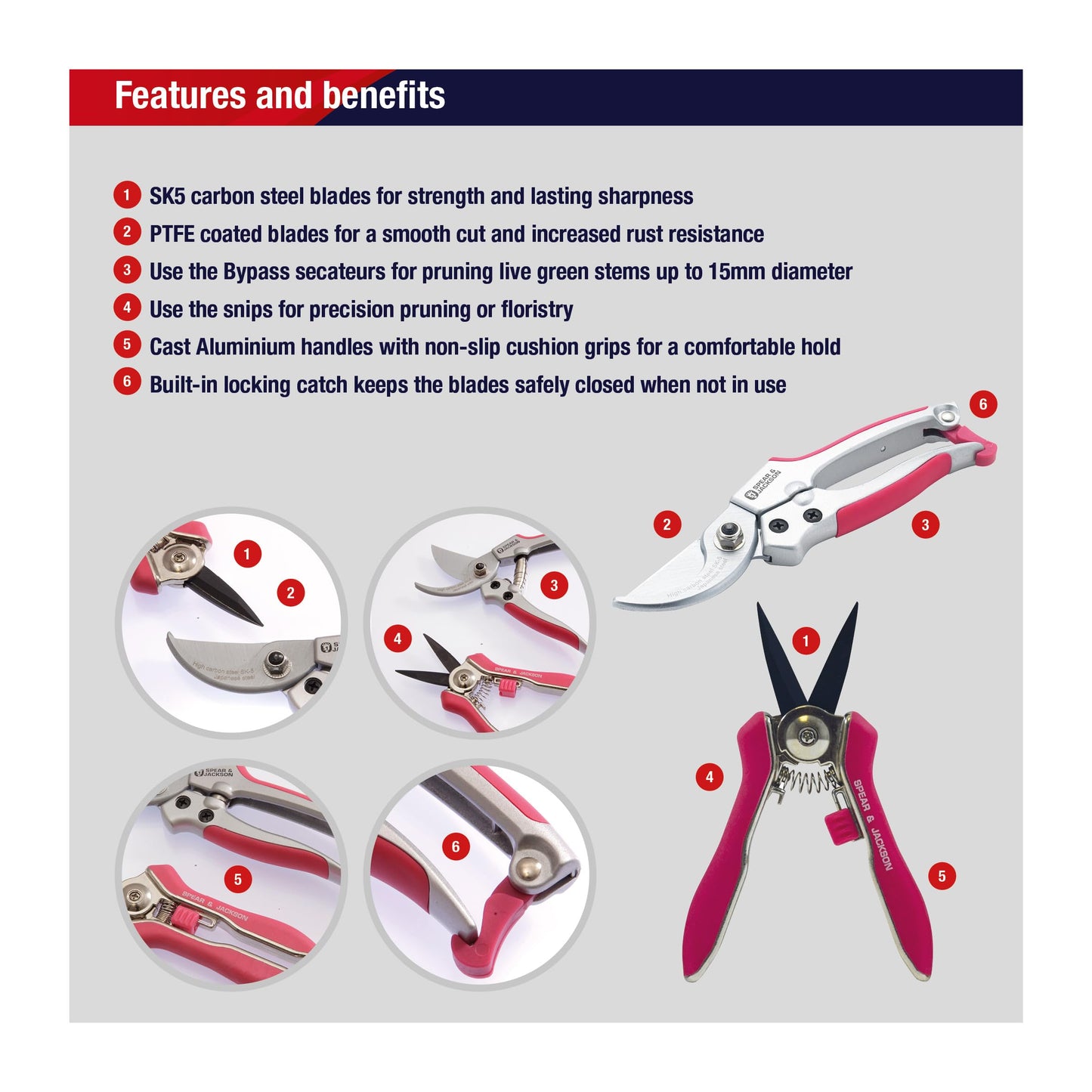 Spear & Jackson CUTTINGSET9P Colours Pink Bypass Secateurs and Snips Set