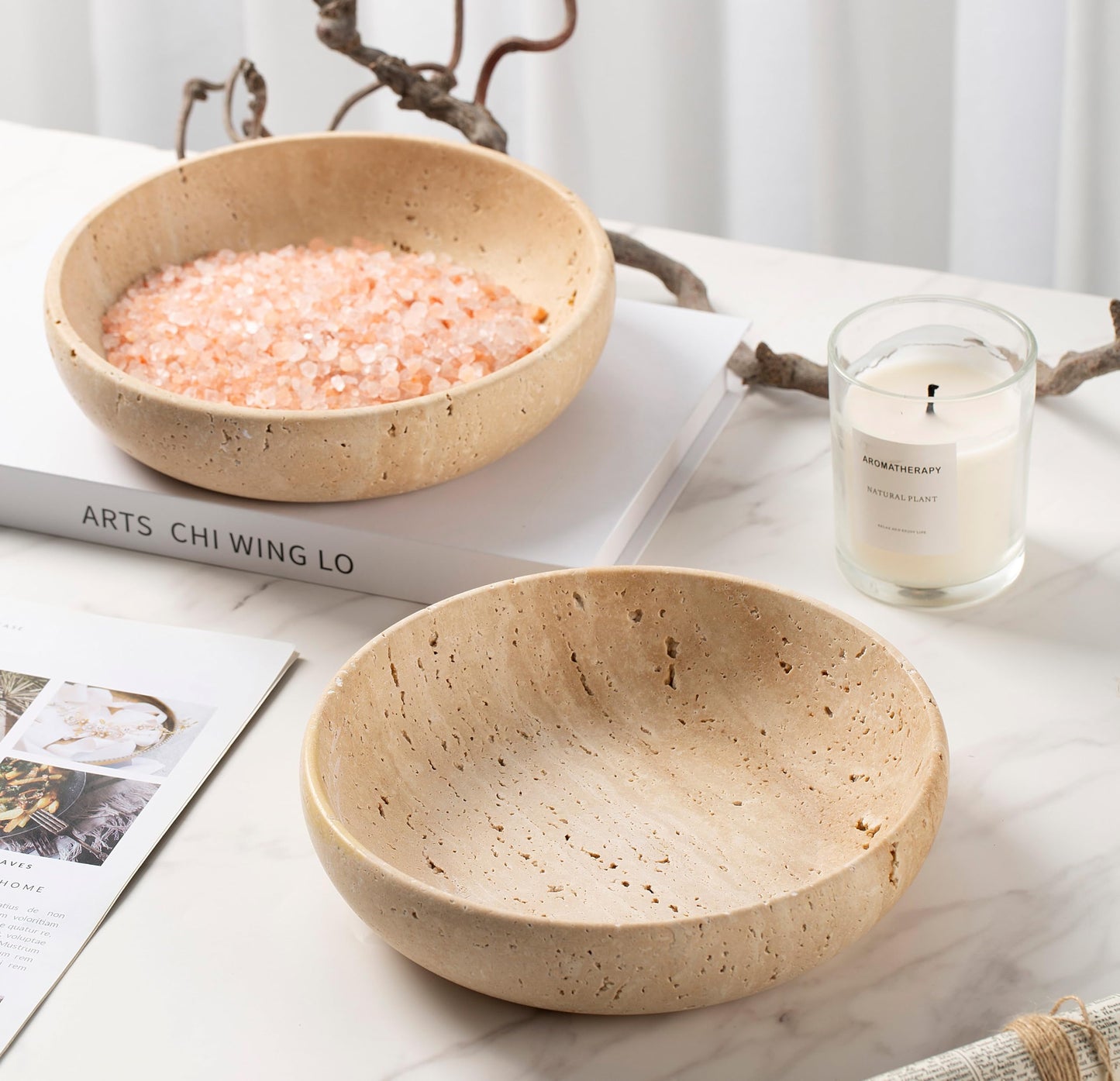 Natural Travertine Decorative Bowl 7.8", Handmade Stone Catchall Bowl for Entryway Key, Coffee Table Centerpiece, Kitchen Counter Fruit Bowl, Ring Tray, Office Home Decor Modern Apartment Essential