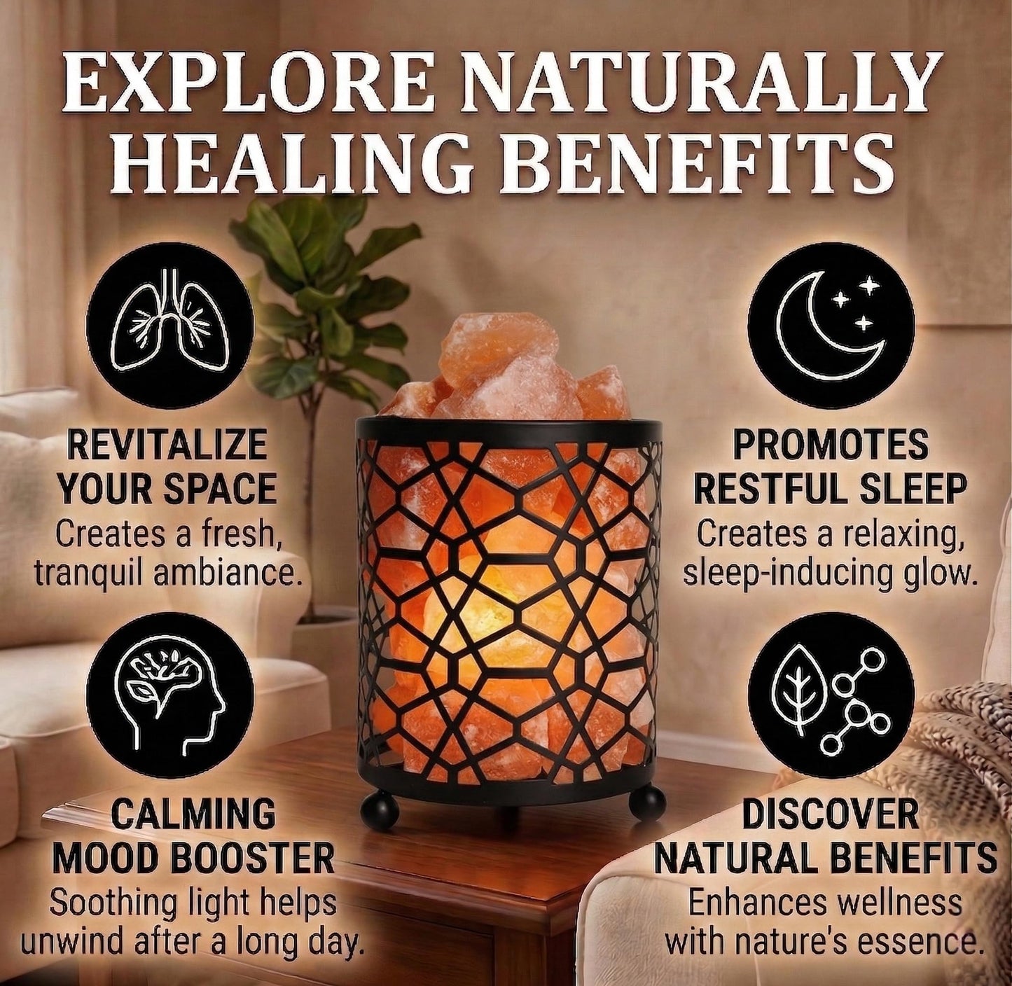 Himalayan Decorative Salt Basket Lamp with Salt Chunks, Natural Pink Salt Rock Lamp, Metal Basket Accent Light with Warm Amber Illumination, Ideal for Home, Offices, Gift (UL & FCC Certified)