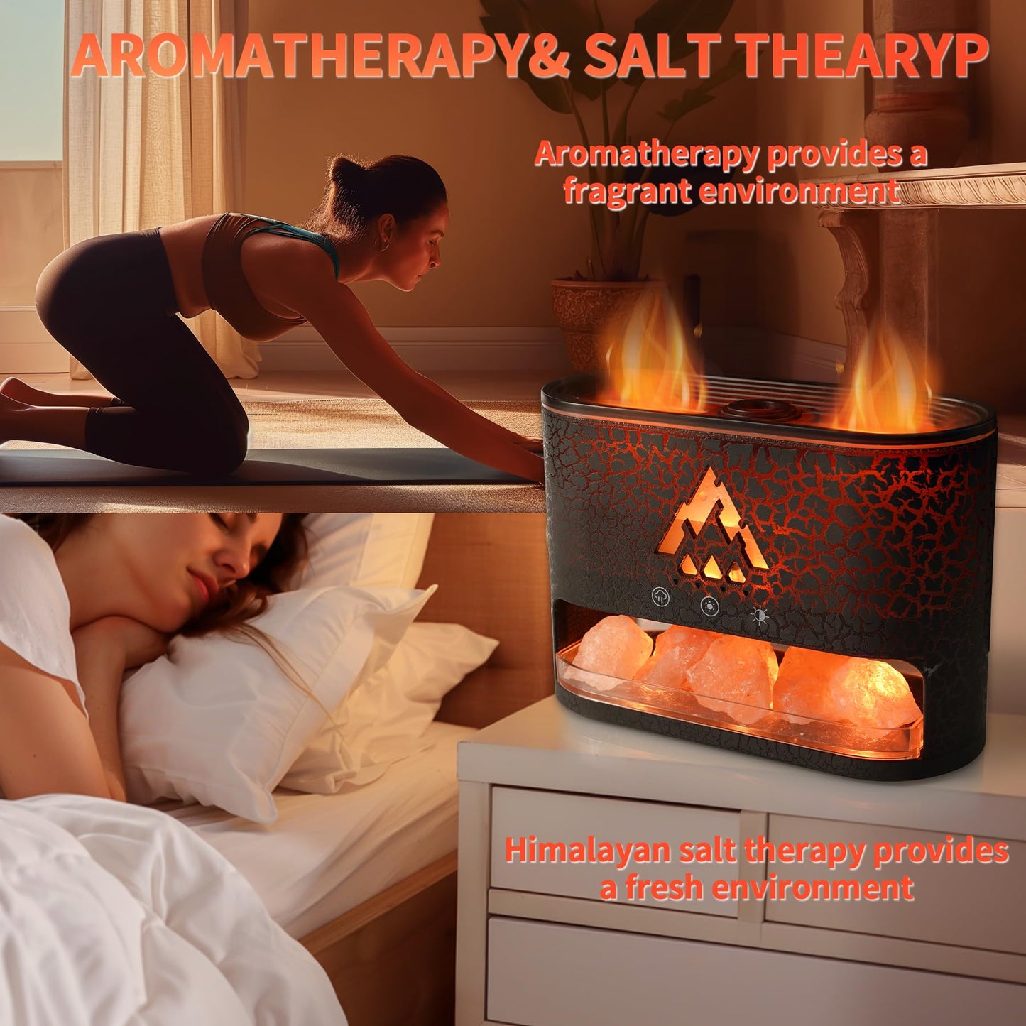 Essential Oil Diffuser 250ML, Aromatherapy Diffuser with Himalayan Pink Salt Rock,2 falme and Jellyfish Diffuser with Colorful Night Lights,Diffusers for Home,Bedroom(Black Crack Transparent)