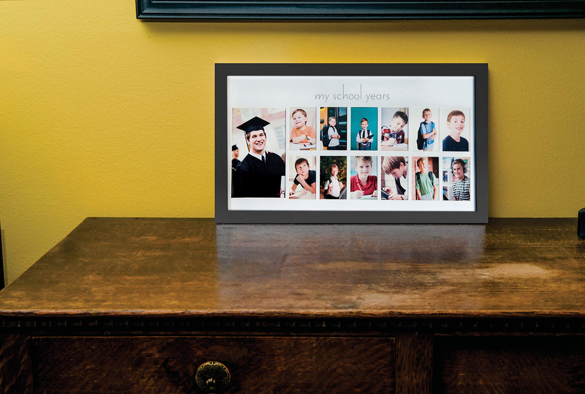 Green Pollywog School Years Picture Day Collage | Black Natural Wood Photo Display | K-12 Graduation Keepsake | School Photo Picture Display