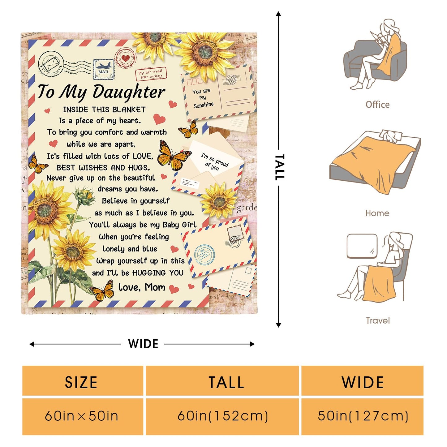 Hohoto Gifts for Daughter from Mom Dad, Best Wishes Throw Blanket for My Daughter Girls,Sunflower Inspirational Birthdays Graduation Wedding Present, Daughter Bedroom Decor Blanket 50"x60"