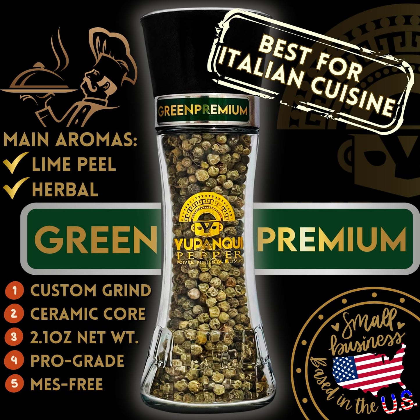 YUPANQUI Green Peppercorn Grinder with Green Peppercorns Refillable 2.1oz Green Peppercorns Organic for Italian French Thai Cuisine Gourmet Pepper Grinder with Fresh Citrus and Herbal Notes