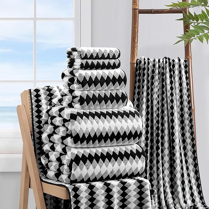 8 Piece Bathroom Towel Set Black White|2 Oversized Large Bath Towels Sheet