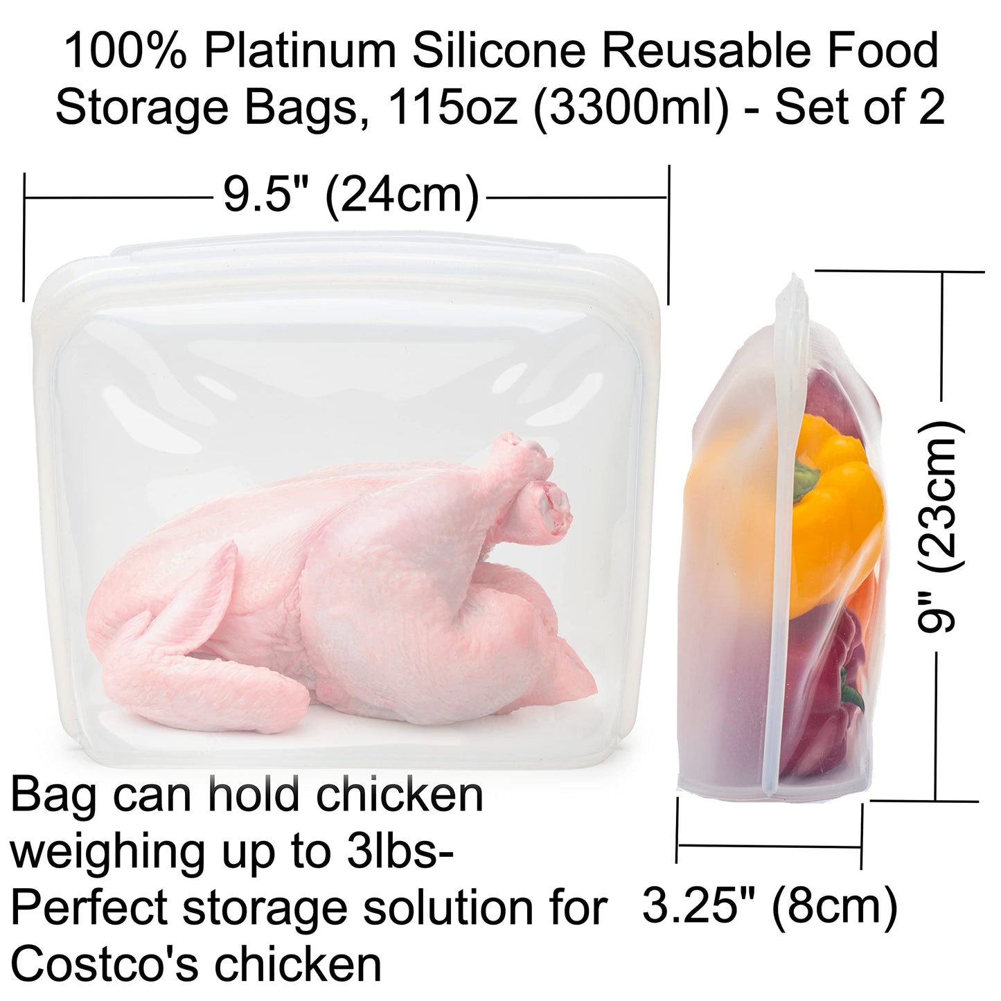 Elkanah Extra Large 116fl oz Silicone Bags Reusable Freezer Bags Silicone Gallon Bag Food Storage Bag|Oven Bags|Sous Vide|Microwave|Oven|Dishwasher safe