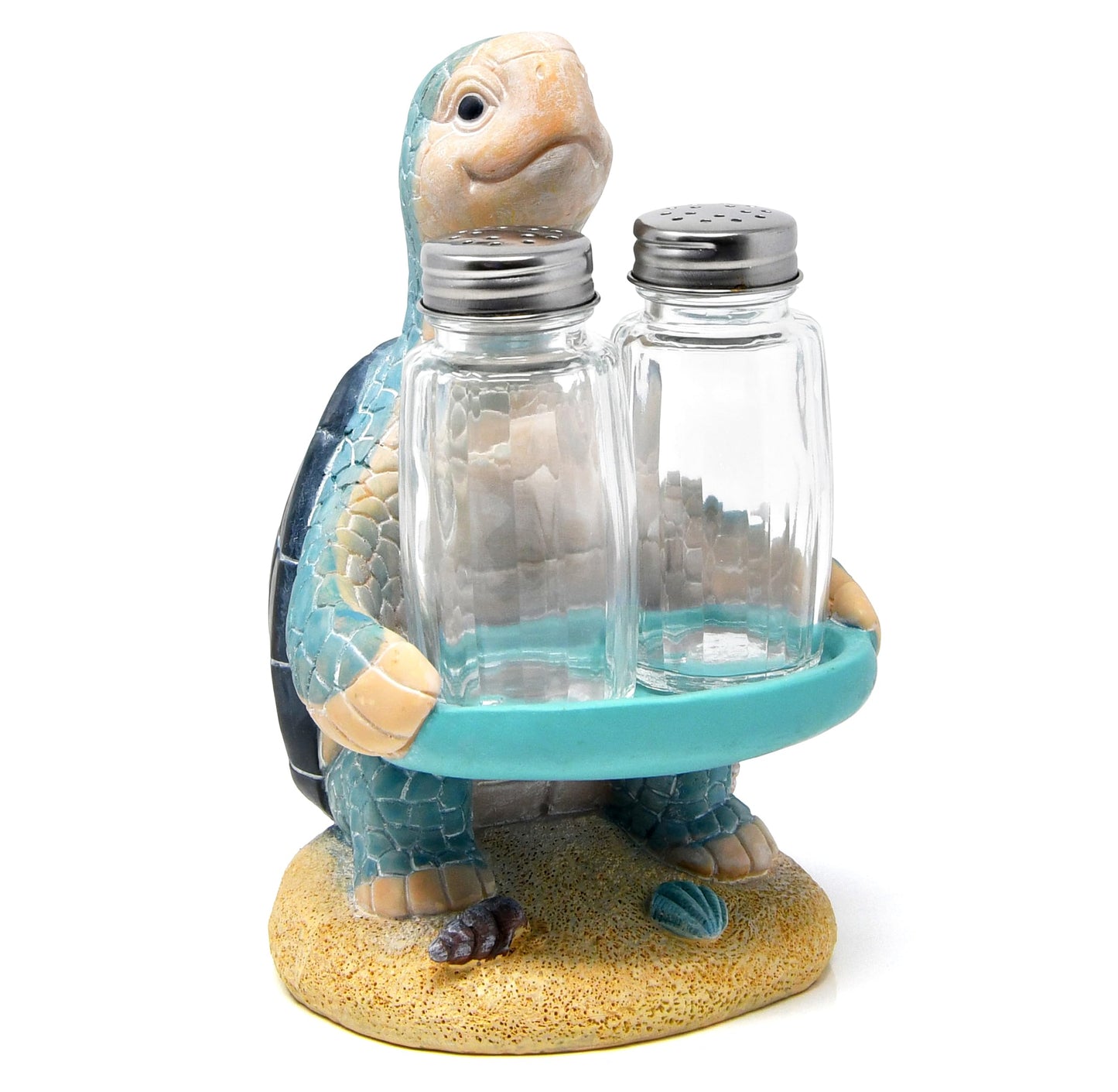 Sea Turtle Salt and Pepper Shakers Set with Holder, Coastal Beach Kitchen Table Decor, Ocean Themed Resin Figurine Set