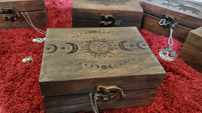 Engraved Wooden Tarot Box for Cards Crystal Holder | Sun and Moon Fortune Telling Astrology Trinket Keepsake Box. Fengshui Luck Talisman Decorative Gift Case/Holder