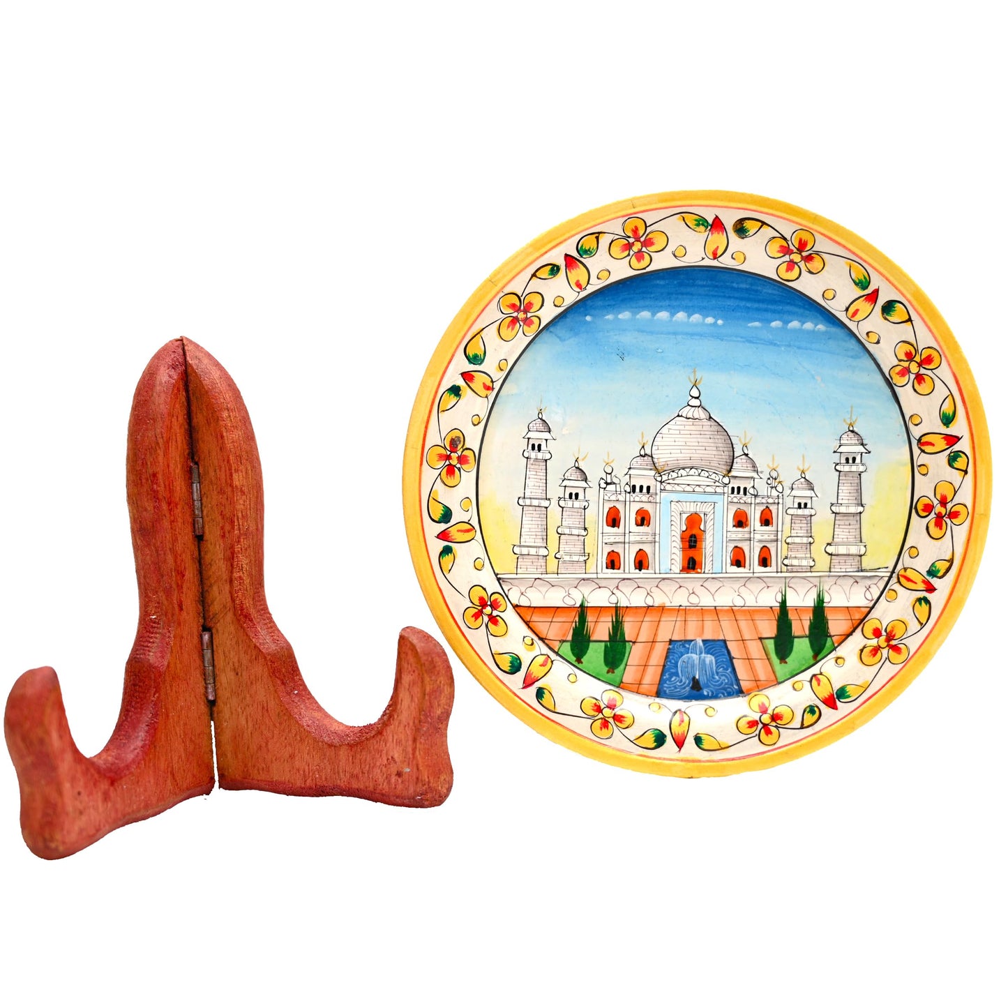 Tarini Gallery Marble Decorative Plate Traditional Indian Handpainted Round Shape Showpiece Pottery Plate with Stand for Decoration Home Office Décor and Gifting (Taj Mahal)
