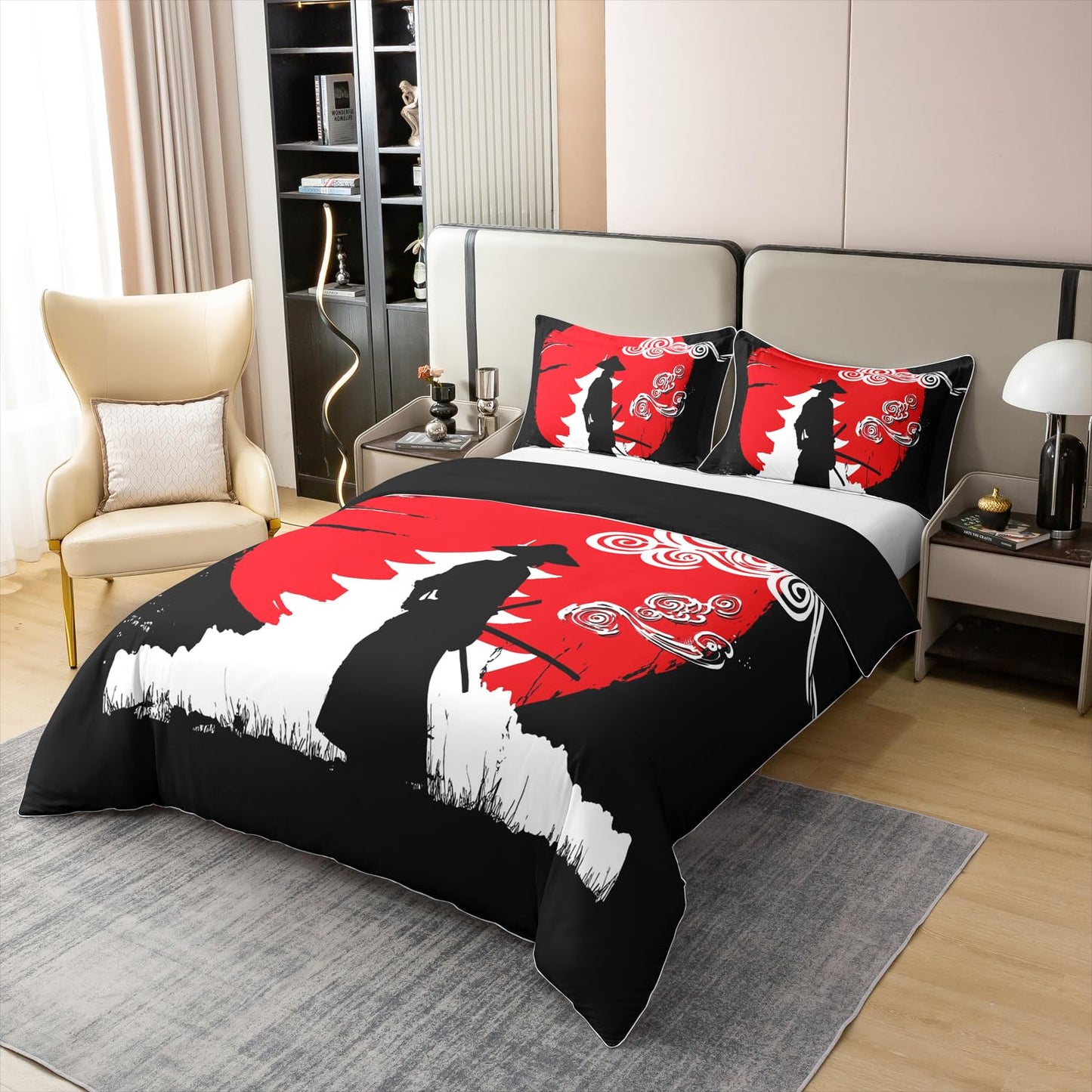 Samurai 100% Organic Cotton Duvet Cover, Sunset Print Bedding Set, Japan Comforter Cover, Building Silhouette Breathable Quilt Cover with Zipper Closure 1 Duvet Cover with 1 Pillow Case Twin Size