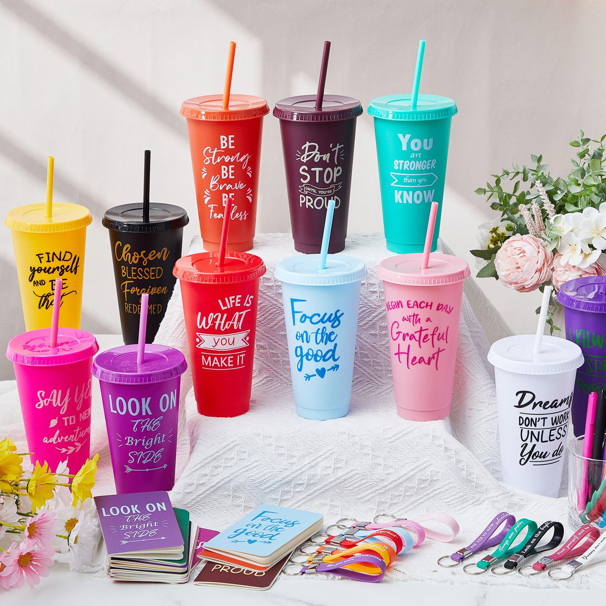 Hollowfly 12 Sets / 48 Pcs Inspirational Gifts Bulk for Employee Appreciation, 24 oz Plastic Cups and Pens Notebooks Keychains Set, Group Gifts for Office Staff Coworkers (Colorful)