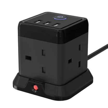 Cube Extension Lead with 3 USB Slots 13A 3250W Hulker 4 Gang Plug Socket with Switch 4 Way Power Strip with 3 USB Port 1.5M Extension Cord Black for Home Dorm Office Travel
